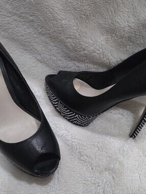 Aldo Black Peep-Toe Platform Heels with Rhinestone Detail